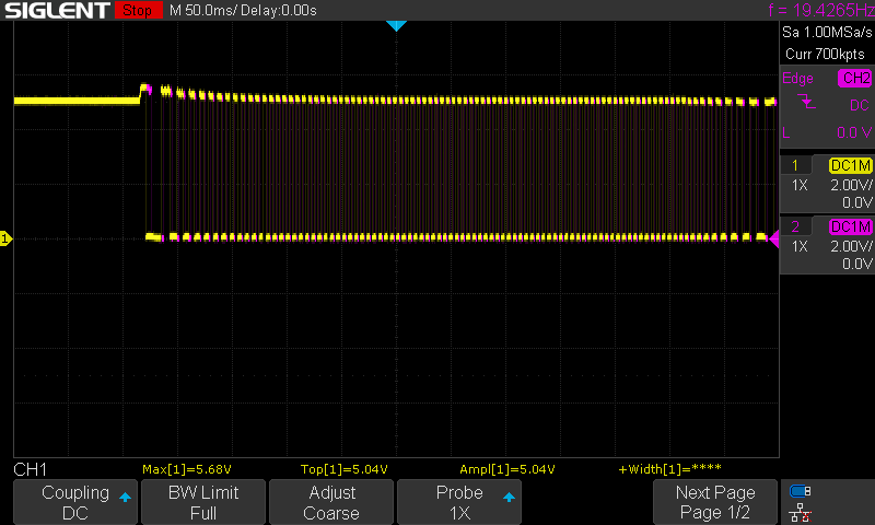 The signal from the Hall effect sensor at 1 Hz, 50% duty cycle