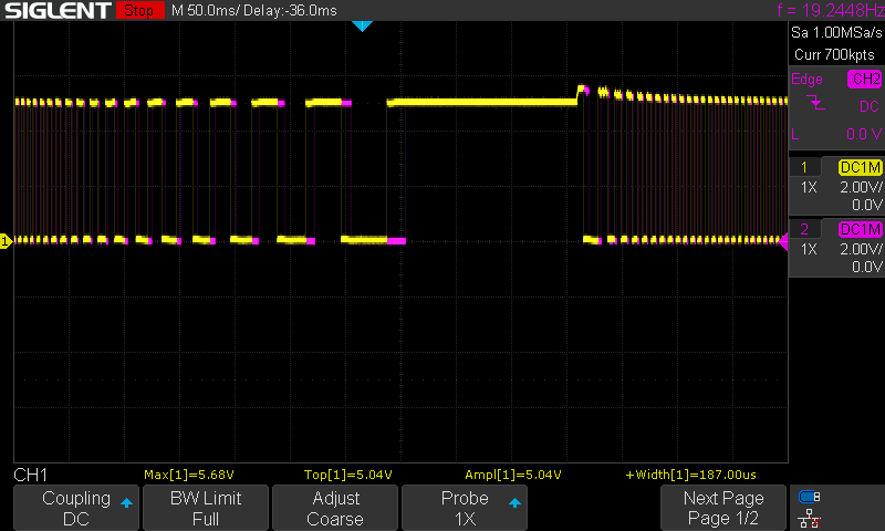 The signal from the Hall effect sensor at 1 Hz, 50% duty cycle