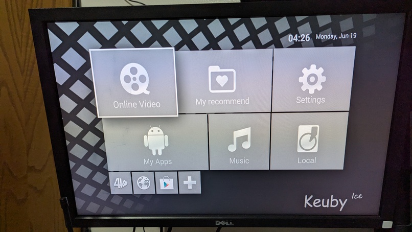 A view of the Keuby UI main menu. There are buttons for Online Video, My recommended, Settings, My Apps, Music, Local, and a few more at the bottom.