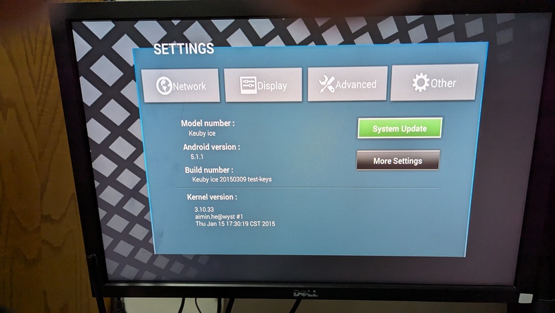 The Settings screen of the Keuby UI. It shows the Android version is Android 5.1.1, the build number is Keuby ice 20150309 test-keys, and the Kernel version is 3.10.33