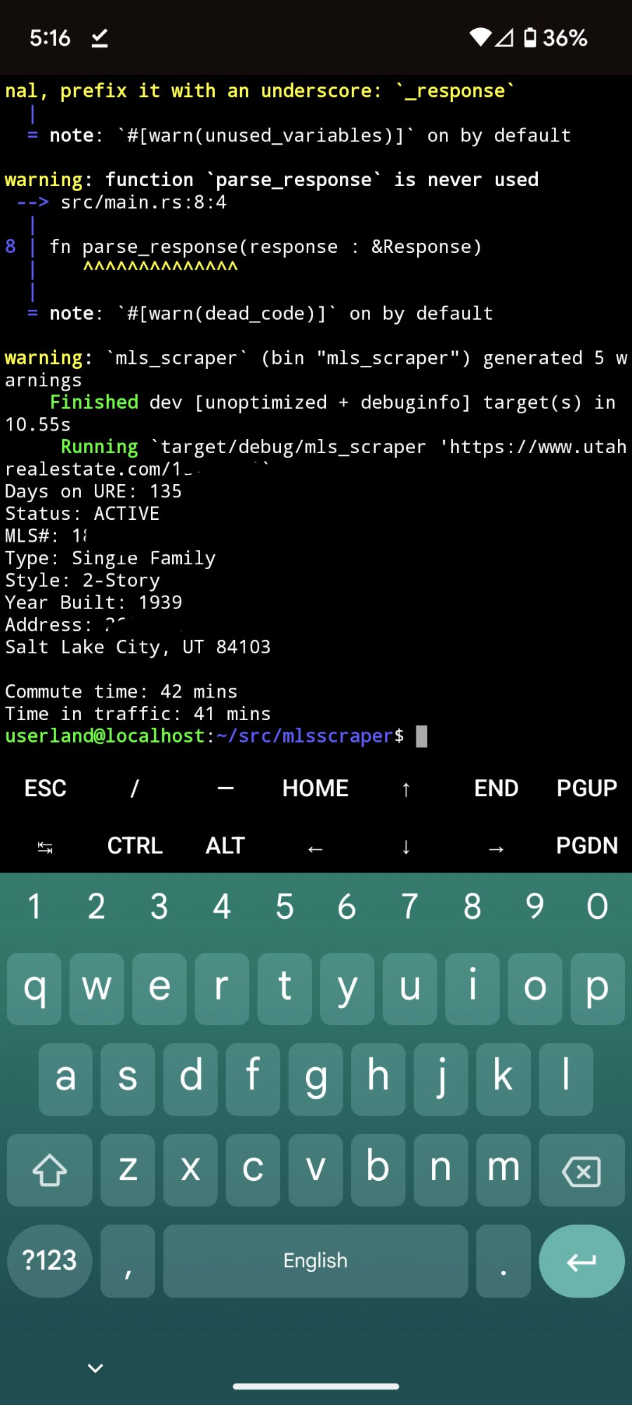 A screenshot of running this program on an Android phone